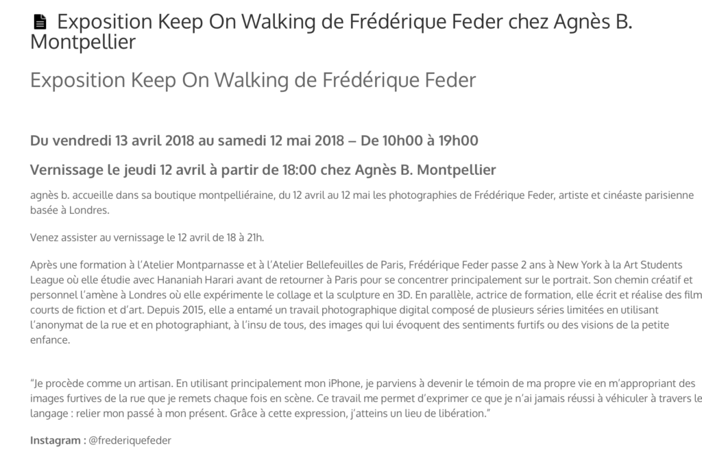 Keep on Walking at Agnes b | Frederique Feder